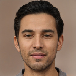 Neutral asian young-adult male with short  black hair and brown eyes