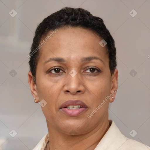 Joyful latino adult female with short  brown hair and brown eyes