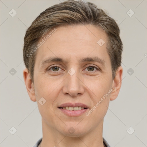 Joyful white adult female with short  brown hair and brown eyes