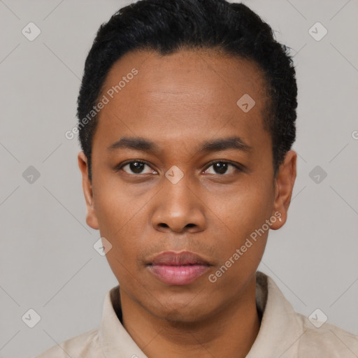Neutral black young-adult male with short  black hair and brown eyes