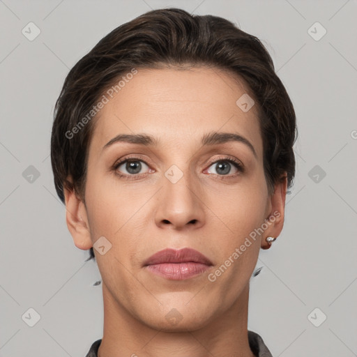 Joyful white young-adult female with short  brown hair and grey eyes