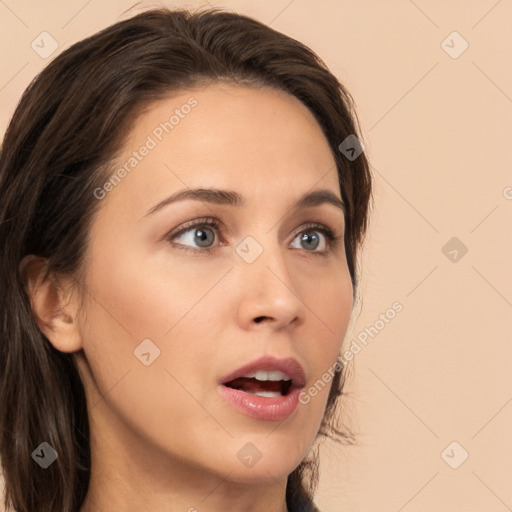 Neutral white young-adult female with medium  brown hair and brown eyes