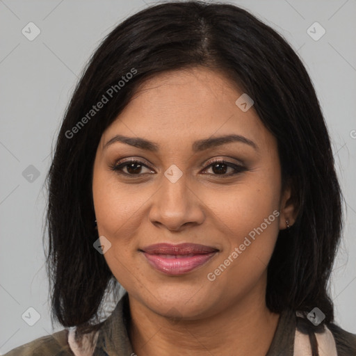 Joyful latino young-adult female with long  brown hair and brown eyes