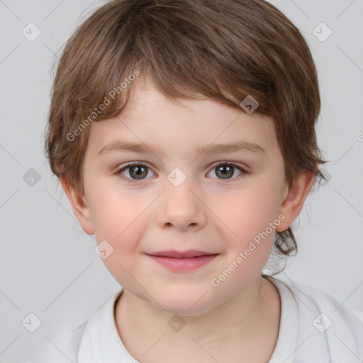 Joyful white child female with medium  brown hair and brown eyes