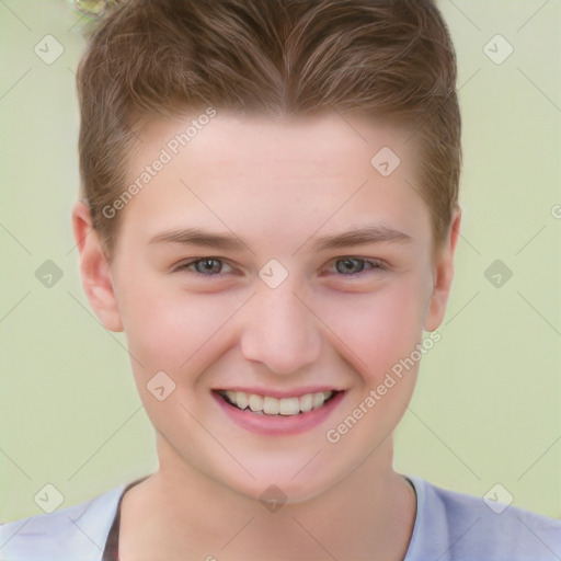 Joyful white child male with short  brown hair and brown eyes