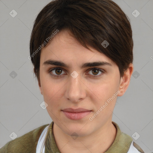 Joyful white young-adult female with medium  brown hair and brown eyes