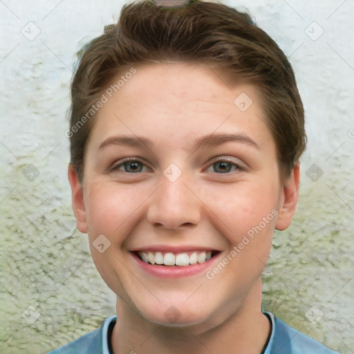 Joyful white young-adult female with short  brown hair and grey eyes