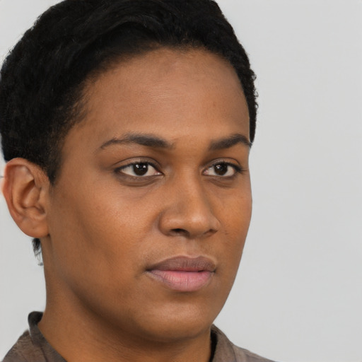 Neutral black young-adult female with short  brown hair and brown eyes