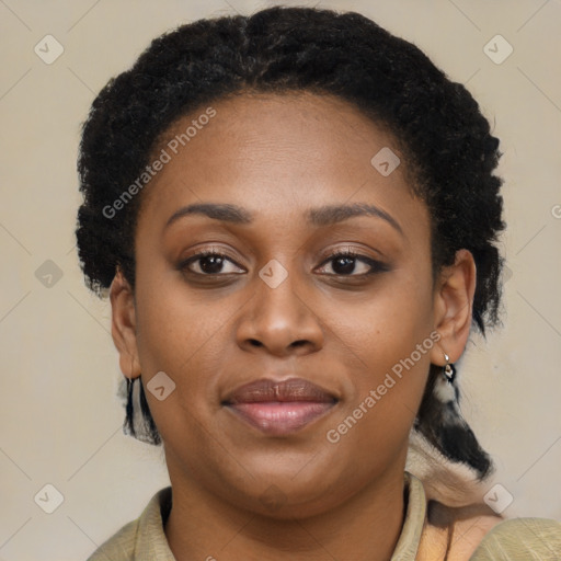 Joyful latino young-adult female with short  brown hair and brown eyes