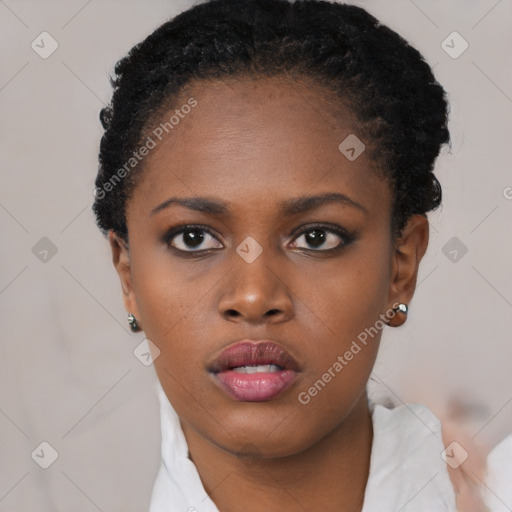 Neutral black young-adult female with short  black hair and brown eyes