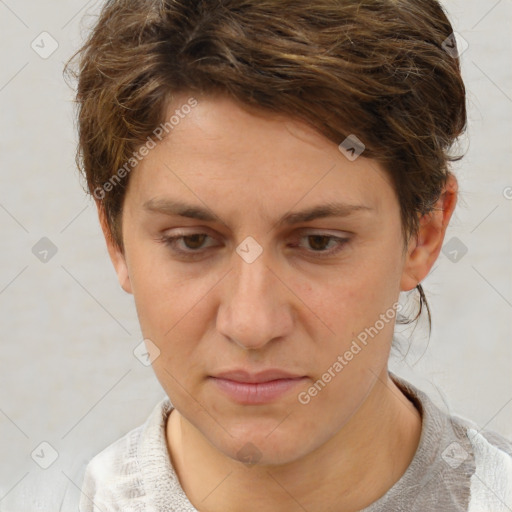 Joyful white adult female with short  brown hair and brown eyes