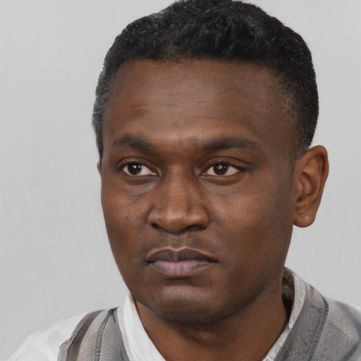 Neutral black young-adult male with short  black hair and brown eyes