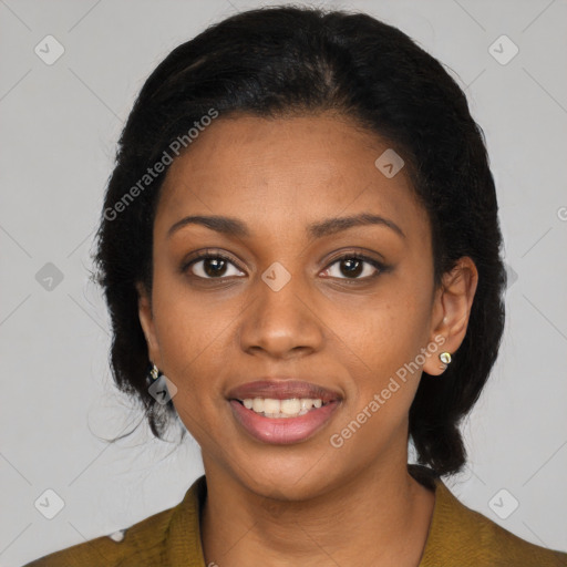 Joyful black young-adult female with medium  black hair and brown eyes