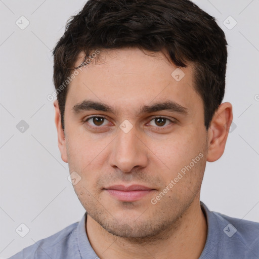 Neutral white young-adult male with short  brown hair and brown eyes