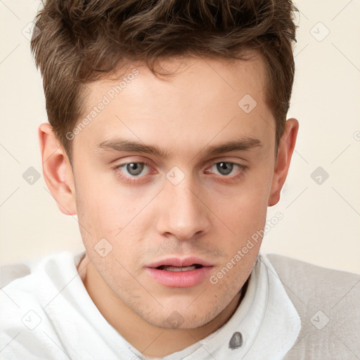 Neutral white young-adult male with short  brown hair and grey eyes