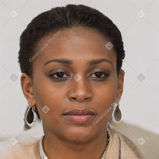 Joyful black young-adult female with short  brown hair and brown eyes