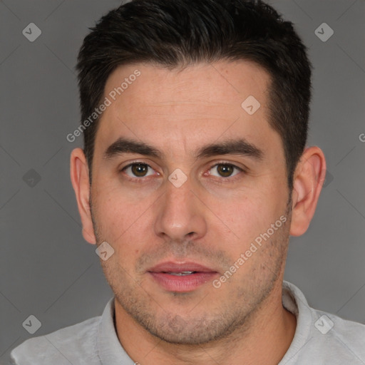 Neutral white adult male with short  brown hair and brown eyes