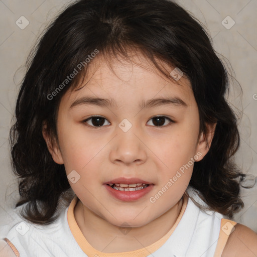 Joyful white child female with medium  brown hair and brown eyes