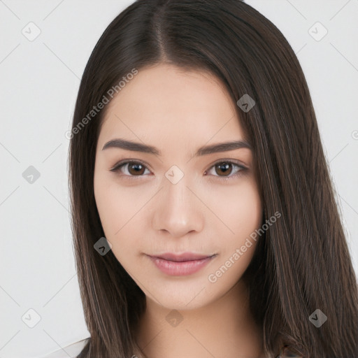 Neutral white young-adult female with long  brown hair and brown eyes