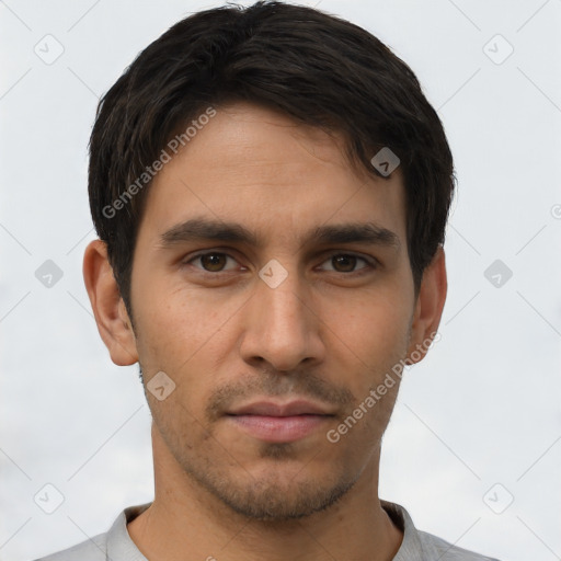 Neutral latino young-adult male with short  brown hair and brown eyes