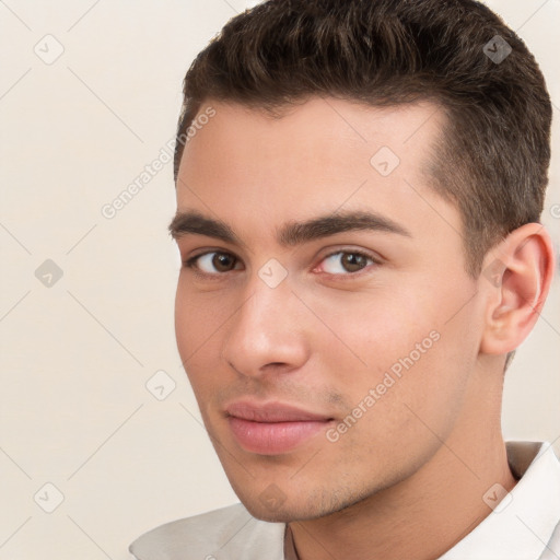 Neutral white young-adult male with short  brown hair and brown eyes