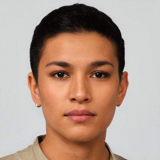 Neutral latino young-adult female with short  black hair and brown eyes