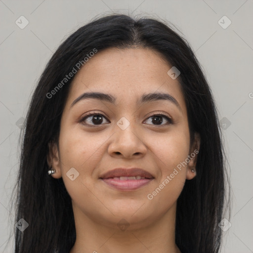 Joyful asian young-adult female with long  brown hair and brown eyes