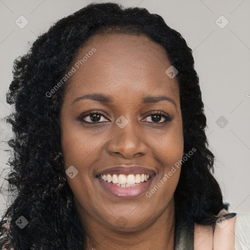 Joyful black young-adult female with long  brown hair and brown eyes