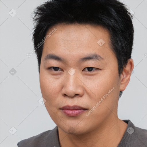 Neutral asian young-adult male with short  black hair and brown eyes