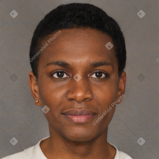 Neutral black young-adult male with short  black hair and brown eyes