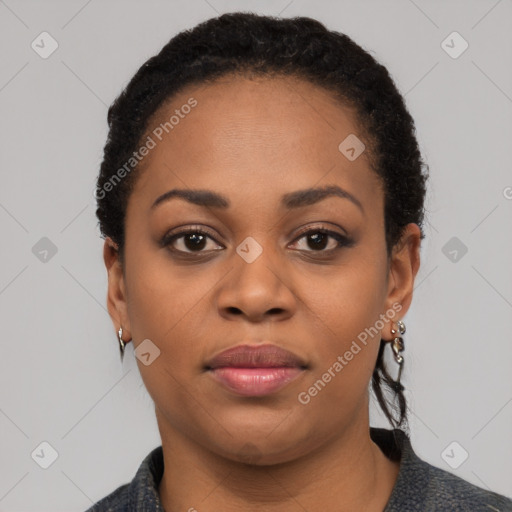 Neutral black young-adult female with short  black hair and brown eyes