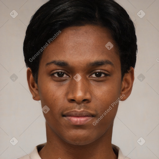 Neutral black young-adult male with short  black hair and brown eyes