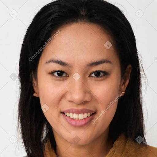 Joyful white young-adult female with long  brown hair and brown eyes