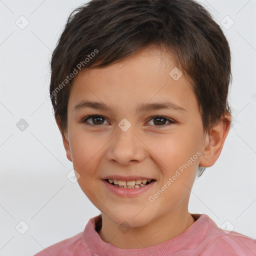 Joyful white child male with short  brown hair and brown eyes