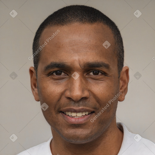 Joyful black adult male with short  black hair and brown eyes