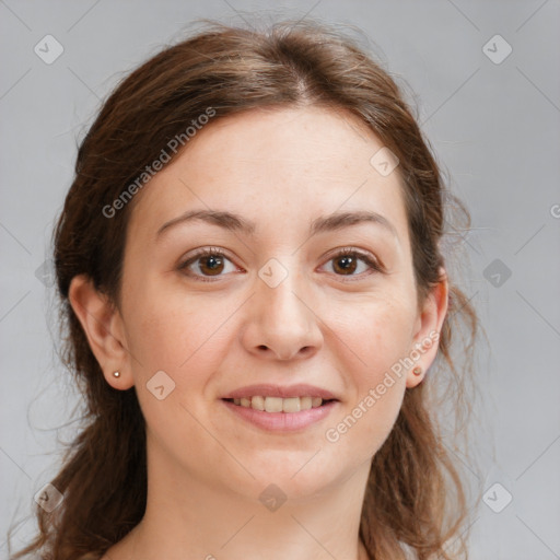 Joyful white young-adult female with long  brown hair and grey eyes