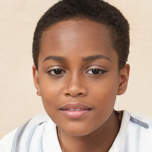 Joyful white child female with short  brown hair and brown eyes