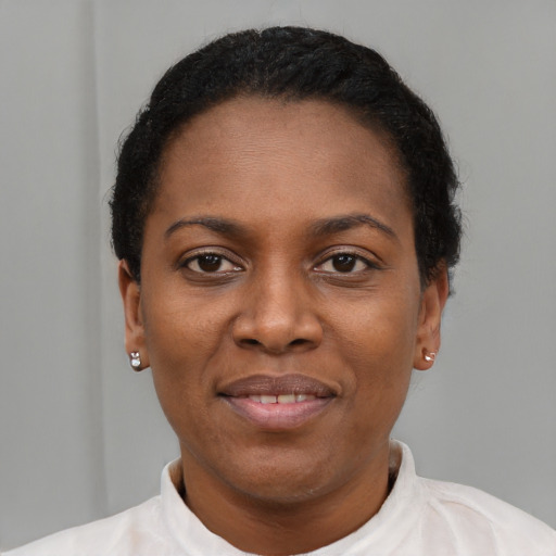 Joyful black young-adult female with short  black hair and brown eyes