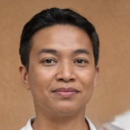 Joyful latino young-adult male with short  brown hair and brown eyes