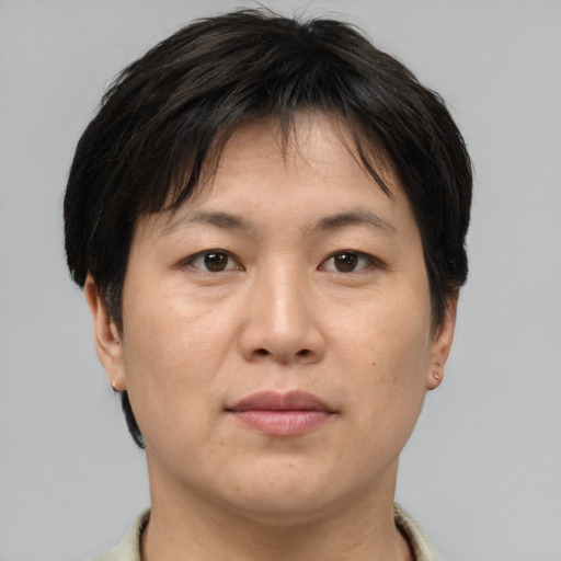Joyful asian adult female with short  brown hair and brown eyes