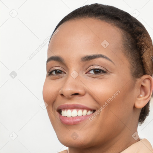 Joyful white young-adult female with short  brown hair and brown eyes