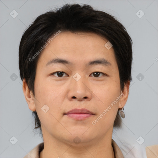 Neutral asian adult male with short  brown hair and brown eyes