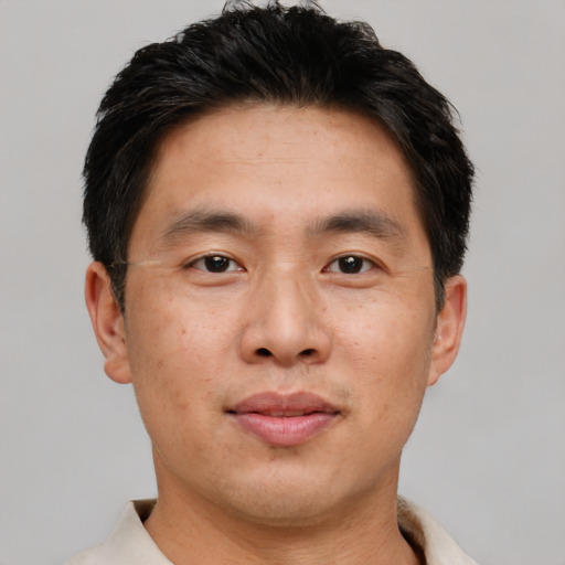 Neutral asian adult male with short  brown hair and brown eyes