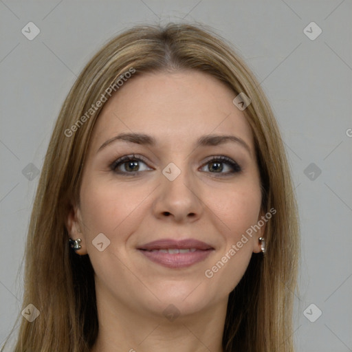 Joyful white young-adult female with long  brown hair and grey eyes