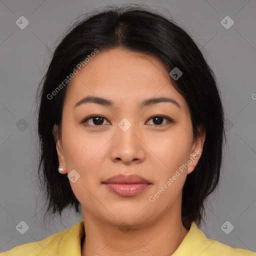 Joyful asian young-adult female with medium  black hair and brown eyes