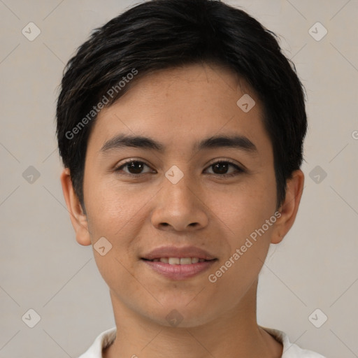 Joyful asian young-adult male with short  black hair and brown eyes