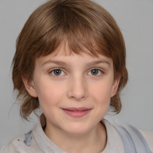 Joyful white child female with medium  brown hair and blue eyes