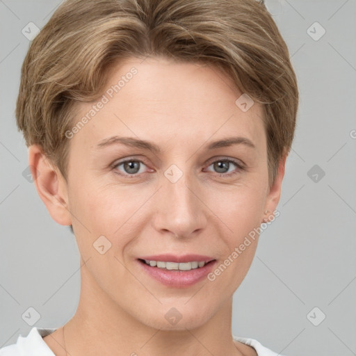 Joyful white young-adult female with short  brown hair and grey eyes