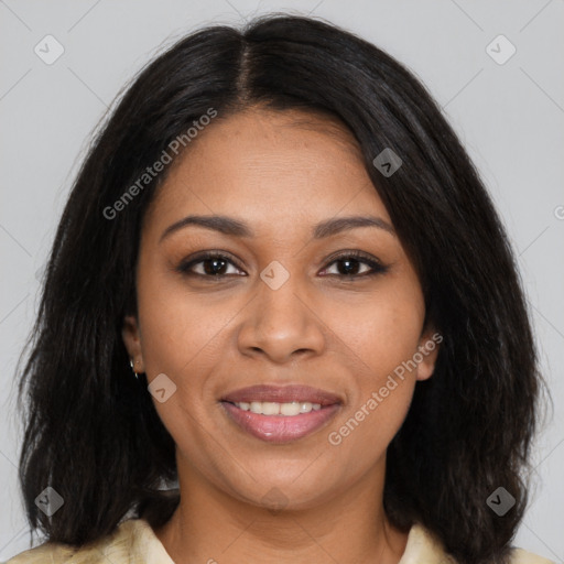 Joyful latino young-adult female with long  brown hair and brown eyes