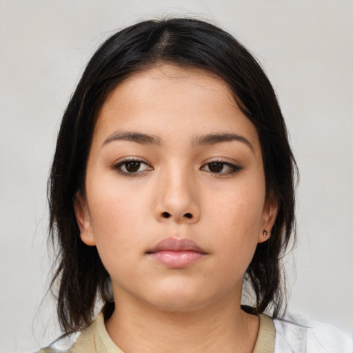 Neutral asian young-adult female with medium  brown hair and brown eyes
